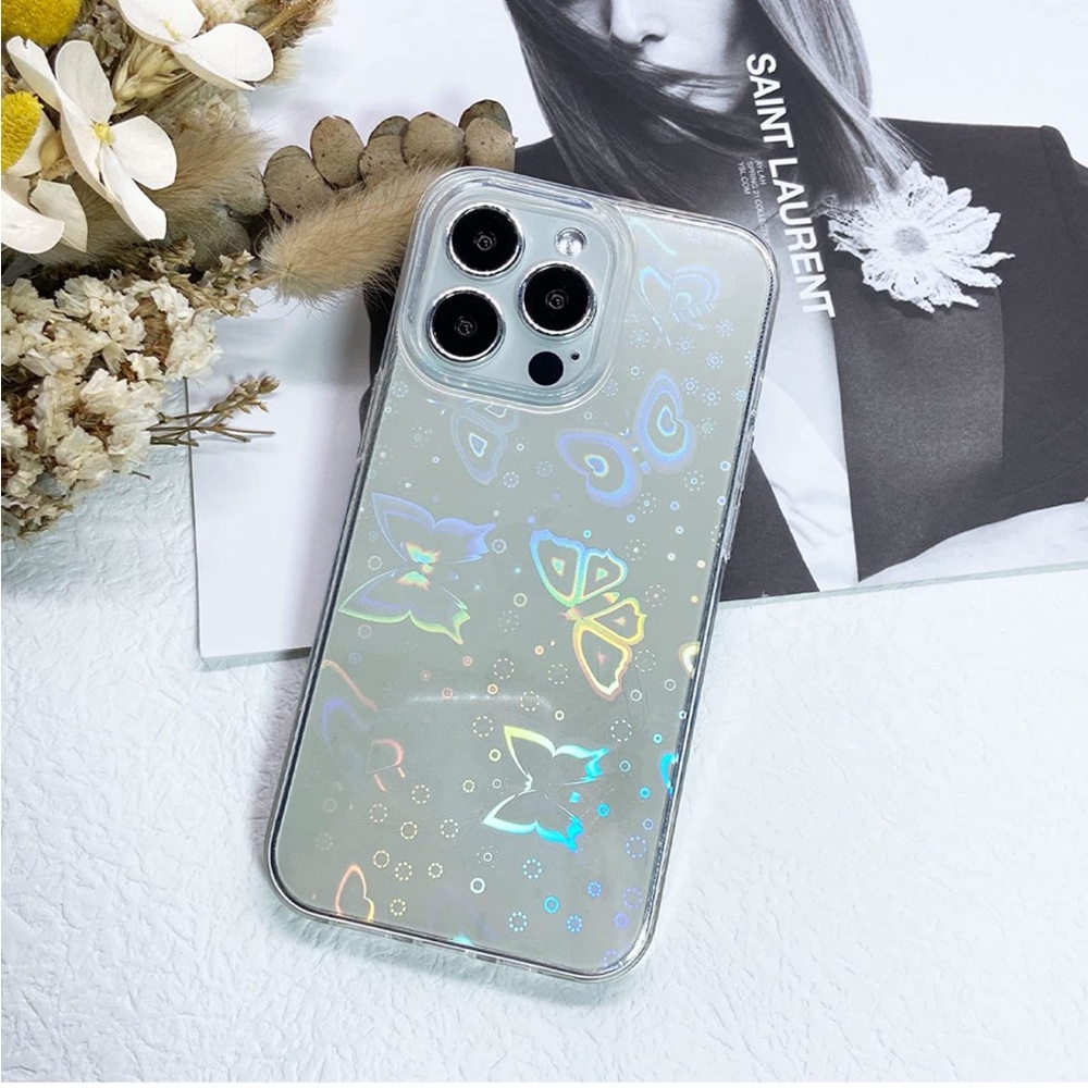 Compatible with iPhone 13 Pro, Clear Case Glitter Laser Sparkly Butterfly Soft
